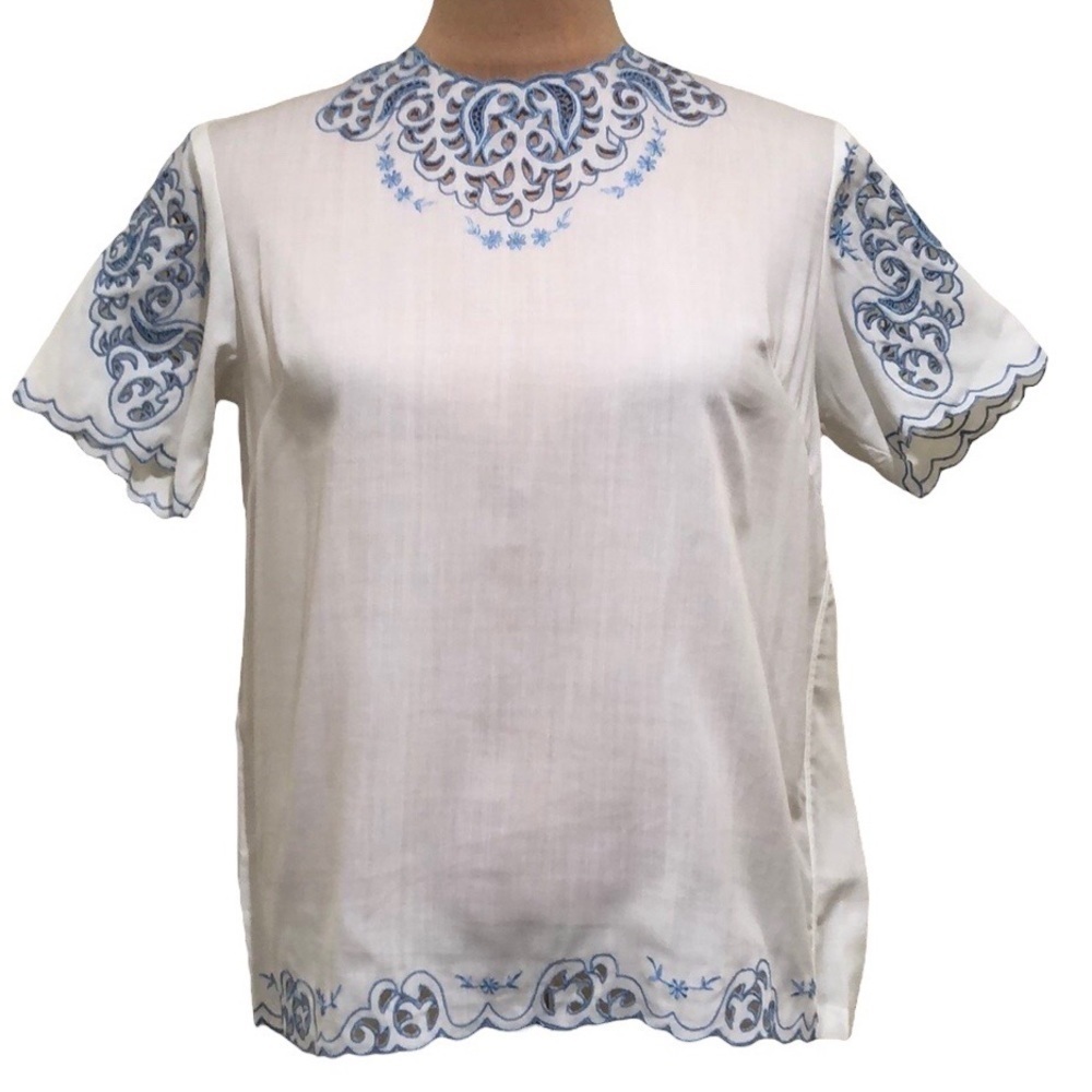 Vintage Blouse Size Medium White Blue Embroidered Floral Cut Out Lace